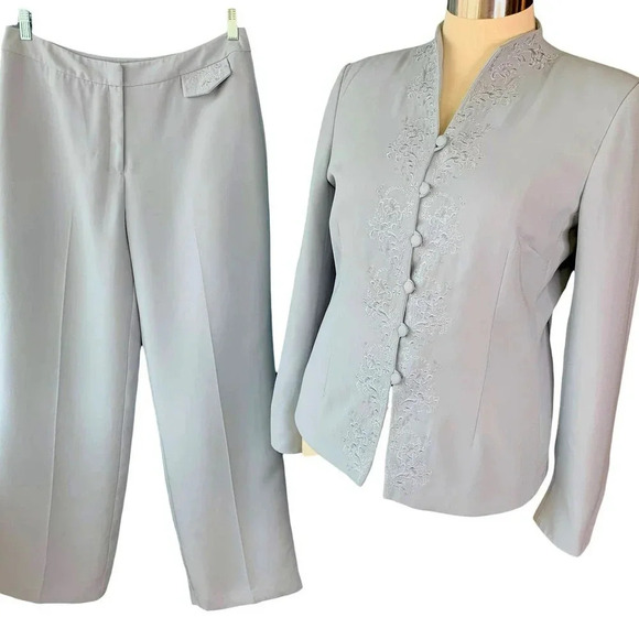 NYP Suits Vintage Embroidered Blazer Pantsuit Two Piece Set Size 14 Ash Blue - Picture 1 of 16